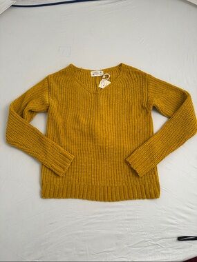 Poof Apparel mustard chenille v-neck twist back long sleeve sweater